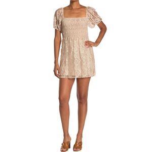 NSR Womens Julia Smocked Lace Puff Sleeve Mini Dress Small Sand - NWT $110